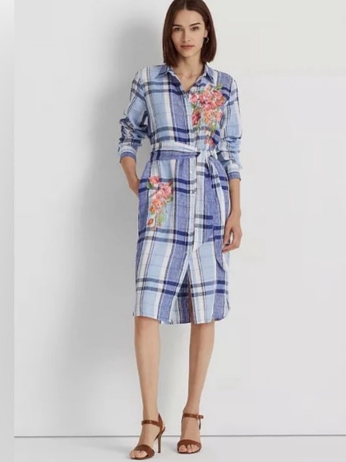 Lauren Ralph Lauren Blue Floral Plaid 100% Linen Shirtdress Belted Sz 12 New
